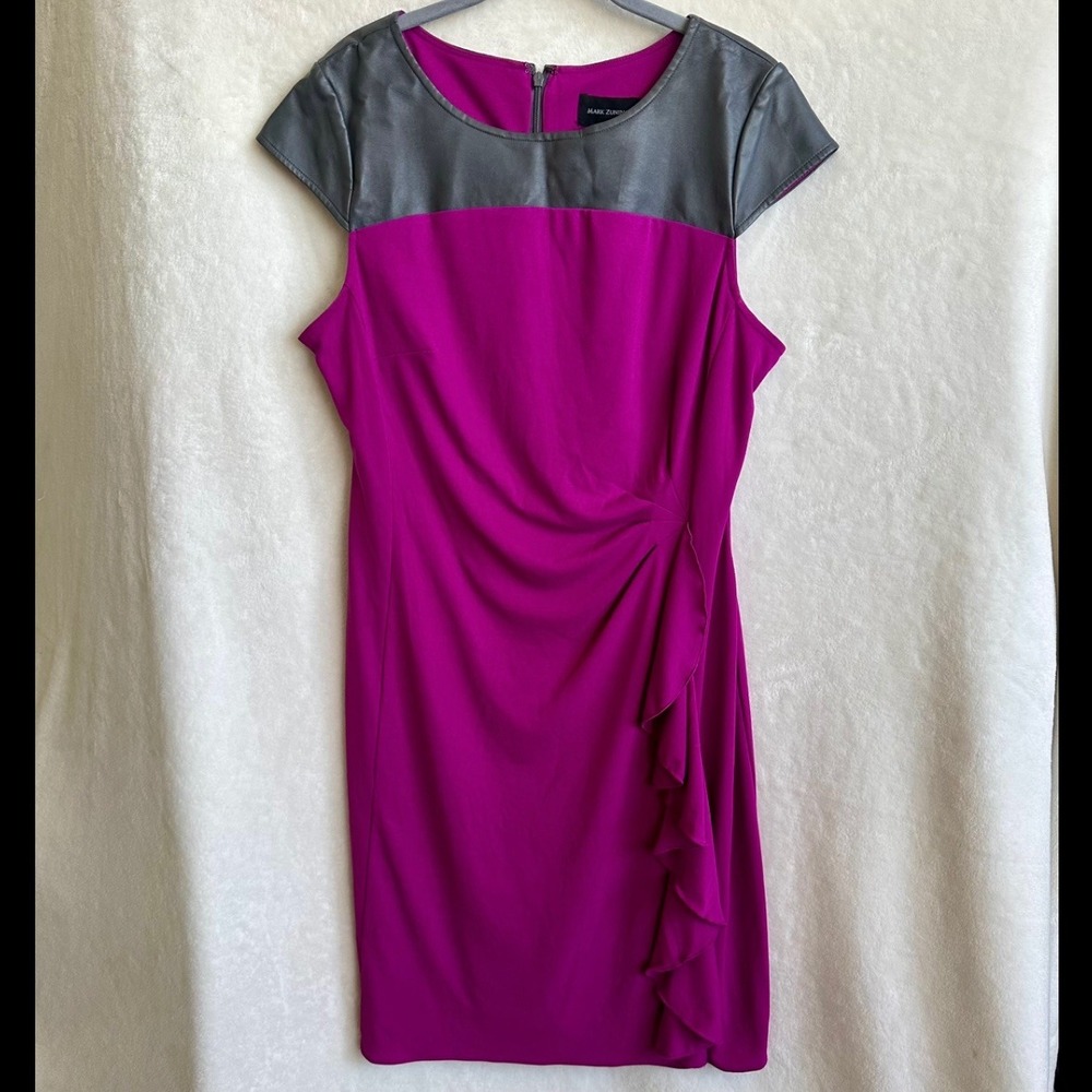 Mark Zunino Magenta Ruffle Gray Faux Leather Cap Sleeved Midi Dress Lined Sz 16